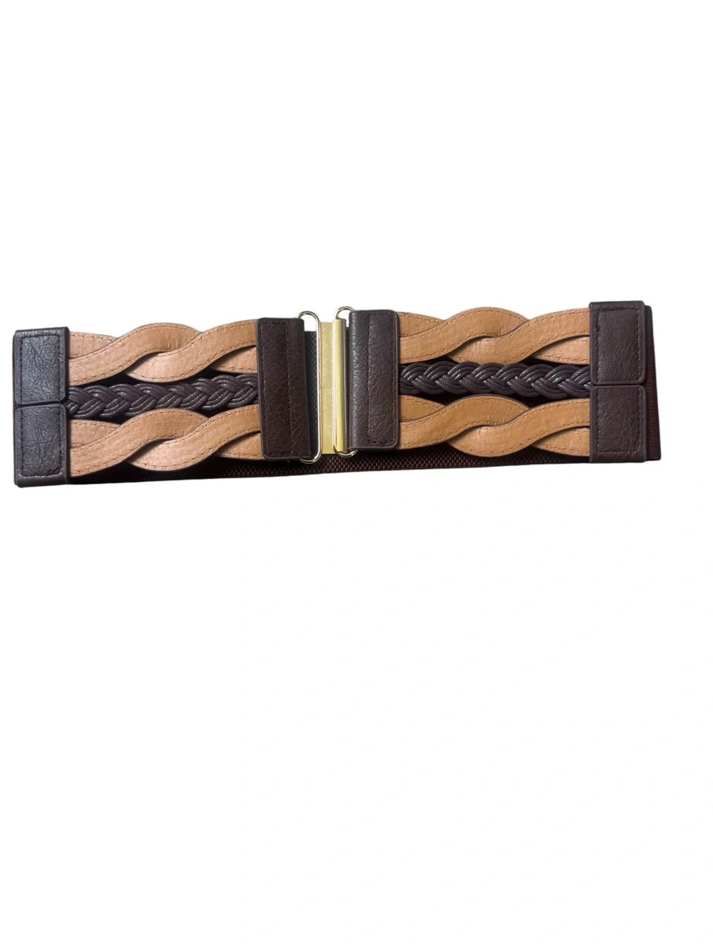 Brown Braided Stretch Waist Belt Gold Tone Buckle Wide 3